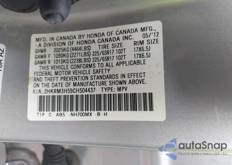 2012 Honda Cr-V Ex from USA, damaged, VIN 2HKRM3H59CH504437